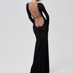 Fashion New Women's Sexy Mesh Backless Strappy Long Sleeve Extra Long Dresses