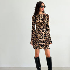 Leopard Print Backless Round Neck Flared Long Sleeve High Waist Dress