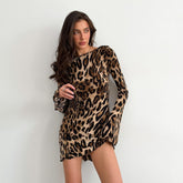 Leopard Print Backless Round Neck Flared Long Sleeve High Waist Dress