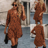 2025 New Slim Leopard Fashion Standing Collar Long Sleeve Dress Women