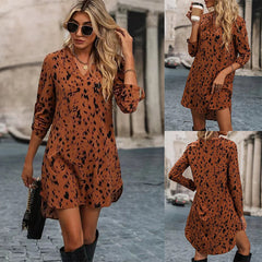 2025 New Slim Leopard Fashion Standing Collar Long Sleeve Dress Women