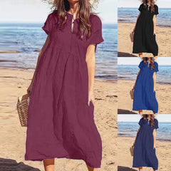 2025 Solid Color V-Neck Short Sleeve Loose Casual Long Women's Cotton Linen Dresses