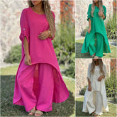 2025 Spring and Summer Women's Cotton and Linen Irregular Long Sleeve Wide Leg Pants Two Piece Suit