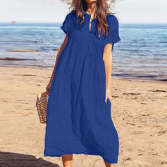 2025 Solid Color V-Neck Short Sleeve Loose Casual Long Women's Cotton Linen Dresses