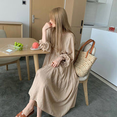 Spring and Autumn Long Sleeve Tie Linen Loose Dress Milk Tea Medium Long Dress