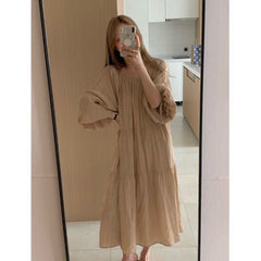 Spring and Autumn Long Sleeve Tie Linen Loose Dress Milk Tea Medium Long Dress