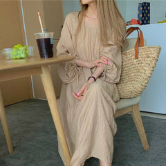Spring and Autumn Long Sleeve Tie Linen Loose Dress Milk Tea Medium Long Dress