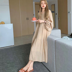 Spring and Autumn Long Sleeve Tie Linen Loose Dress Milk Tea Medium Long Dress