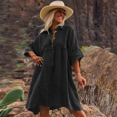 Loose solid color polo collar vacation casual button up literary style fashion dresses