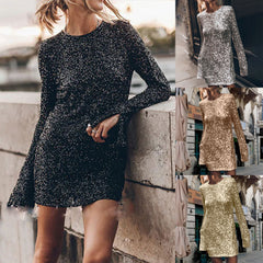 Personalized Street Casual Color Sequins Long Sleeve Wrap Dresses