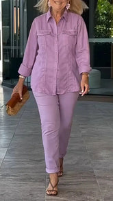 2025 Loose Casual Solid Color Round Neck Casual Shirt Long Pants Set