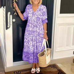 Temperament Elegant Long Loose Floral Dress Women's V-Neck Printed Large Size Dresses