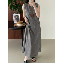 Casual Cotton Linen Vintage Plaid Back Button Sleeveless Vest Dress