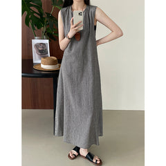 Casual Cotton Linen Vintage Plaid Back Button Sleeveless Vest Dress