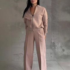 Women's Casual Zip Jacket Wide Leg Pants Two Piece Set