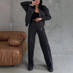 Women's Casual Zip Jacket Wide Leg Pants Two Piece Set