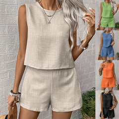 Solid color imitation cotton linen sleeveless undershirt shorts two-piece suit women
