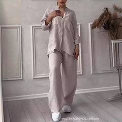 Casual Cotton Linen Solid Colour Shirt Drawstring Wide Leg Pants Set