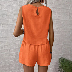 Solid color imitation cotton linen sleeveless undershirt shorts two-piece suit women