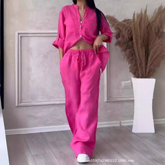 Casual Cotton Linen Solid Colour Shirt Drawstring Wide Leg Pants Set