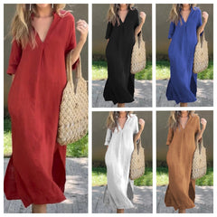Summer Side Slit V-Neck 7 Sleeve Chest Pressure Pleat Dress
