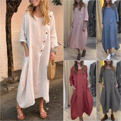 2025 Loose Casual Round Neck Long Sleeve Solid Colour Cotton Linen Dress