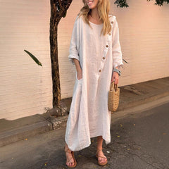 2025 Loose Casual Round Neck Long Sleeve Solid Colour Cotton Linen Dress