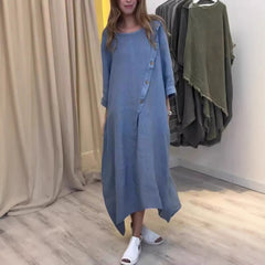 2025 Loose Casual Round Neck Long Sleeve Solid Colour Cotton Linen Dress
