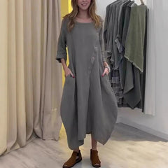 2025 Loose Casual Round Neck Long Sleeve Solid Colour Cotton Linen Dress