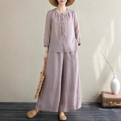 Summer fashion big size shirt wide leg trousers linen two-piece summer