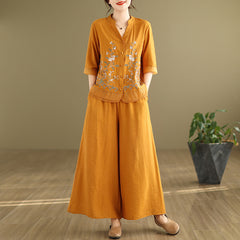 2025 Summer Cotton Linen Small Standing Collar Embroidered Top + Wide Leg Pants Loose Fashion Two Piece Set
