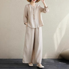 Summer fashion big size shirt wide leg trousers linen two-piece summer
