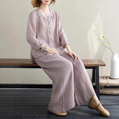 Summer fashion big size shirt wide leg trousers linen two-piece summer
