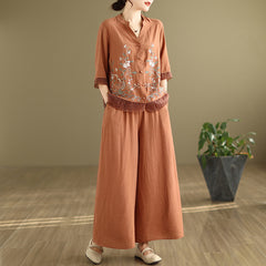 2025 Summer Cotton Linen Small Standing Collar Embroidered Top + Wide Leg Pants Loose Fashion Two Piece Set