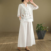 2025 Summer Cotton Linen Small Standing Collar Embroidered Top + Wide Leg Pants Loose Fashion Two Piece Set