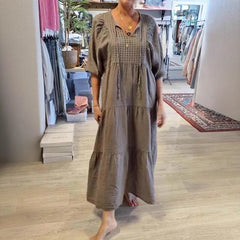 2025 Cotton linen V-neck tie solid color loose plus size dress