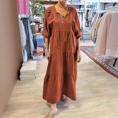 2025 Cotton linen V-neck tie solid color loose plus size dress