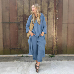2025 Large Size Cotton Linen Shirt Set High Waisted Loose Pants