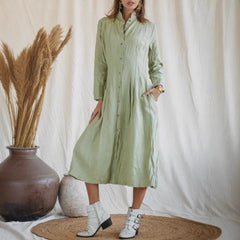 Cotton Linen Long Irregular Dress Shirt Neck Twisted Button Casual Long Dresses