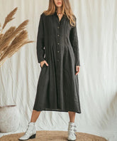 Cotton Linen Long Irregular Dress Shirt Neck Twisted Button Casual Long Dresses