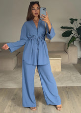Long Sleeve Lace-Up Top Lounge Pants Set Comfortable Two Piece Set