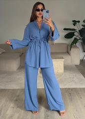 Long Sleeve Lace-Up Top Lounge Pants Set Comfortable Two Piece Set