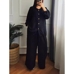 Large Size Loose Temperament Cotton Linen Button High Waist Solid Colour Long Sleeve Shirt Set