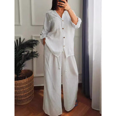 Large Size Loose Temperament Cotton Linen Button High Waist Solid Colour Long Sleeve Shirt Set