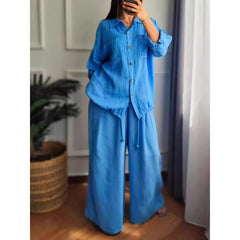 Large Size Loose Temperament Cotton Linen Button High Waist Solid Colour Long Sleeve Shirt Set