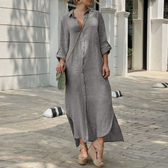 Cotton linen dress new shirt collar cotton linen button long dress