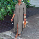 Cotton linen dress new shirt collar cotton linen button long dress