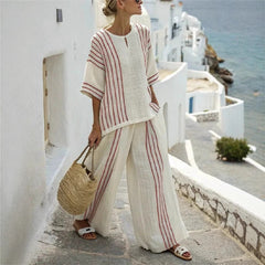 Round Neck Printed Comfortable Striped T-Shirt Wide Leg Pants Suit