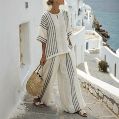 Round Neck Printed Comfortable Striped T-Shirt Wide Leg Pants Suit
