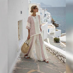 Round Neck Printed Comfortable Striped T-Shirt Wide Leg Pants Suit